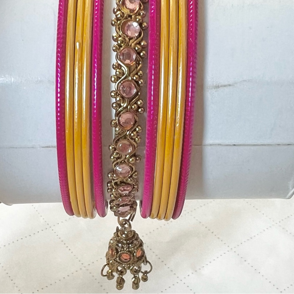 Yellow & Fuchsia Bangle Set with Gold Crystal Statement Bangle